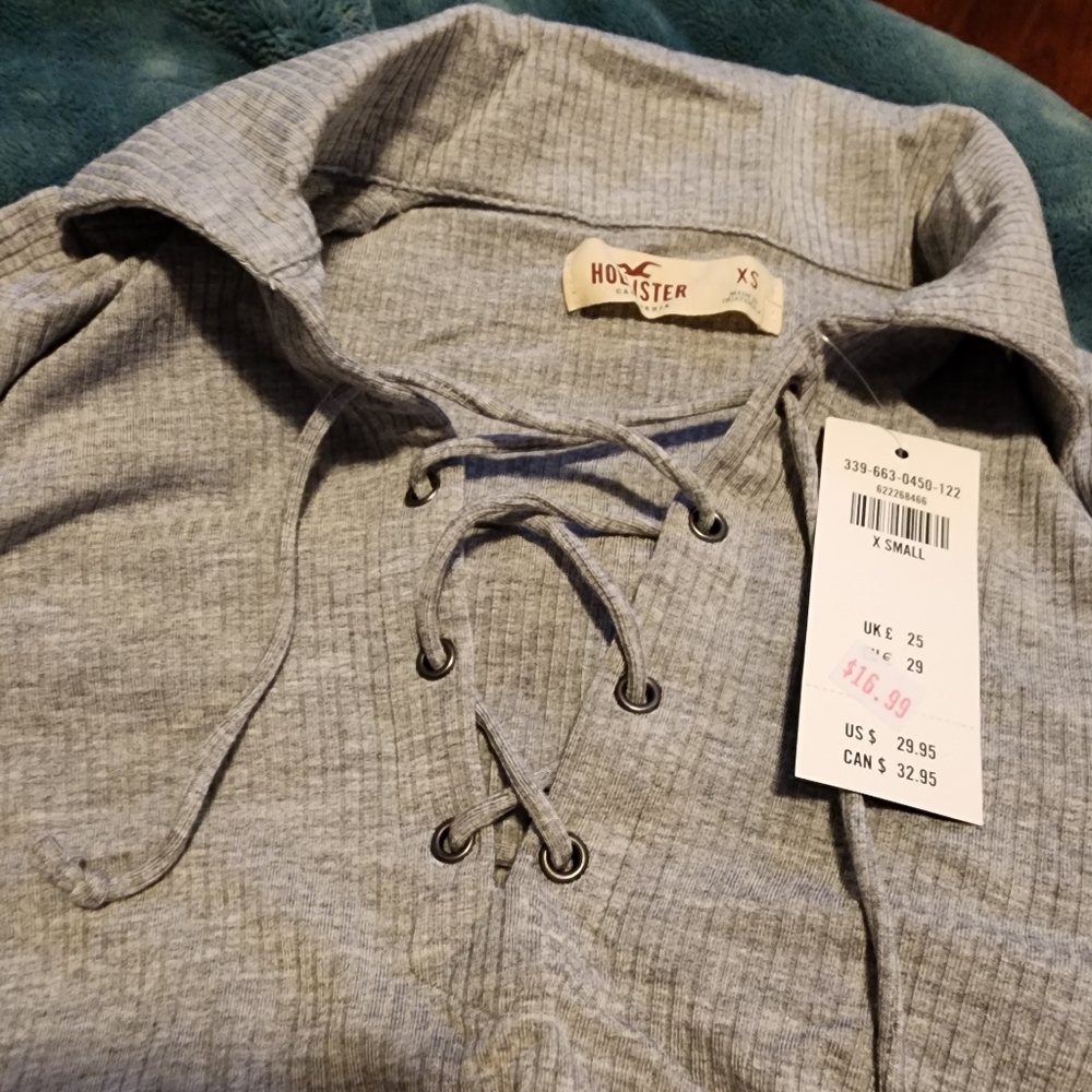 Grey ribbed lace up collared long sleeve